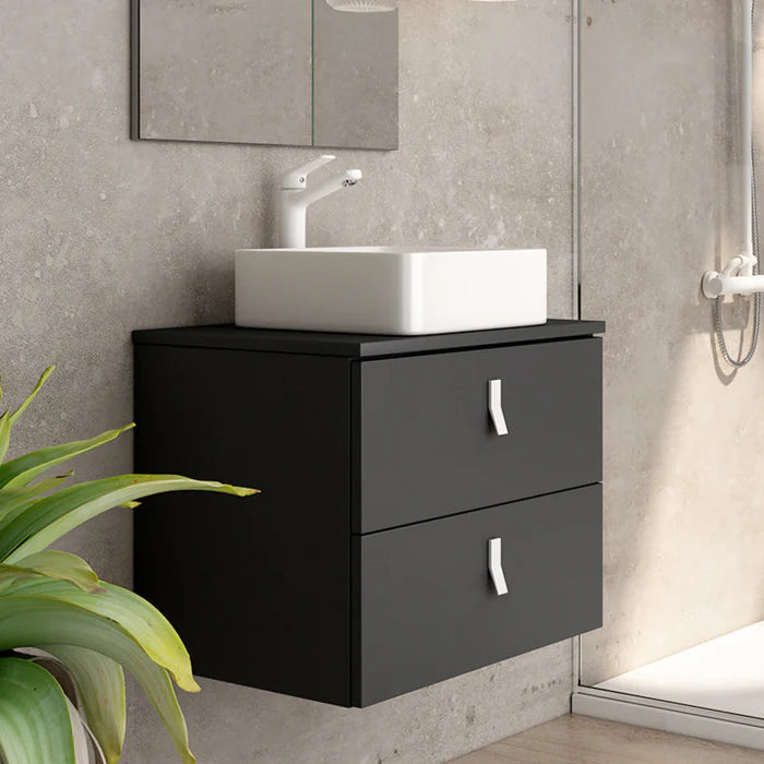 Nova 60cm Wall Hung Vanity Unit with White Handles - Matt Black