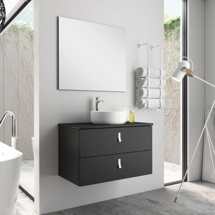 Nova 60cm Wall Hung Vanity Unit with White Handles - Matt Black
